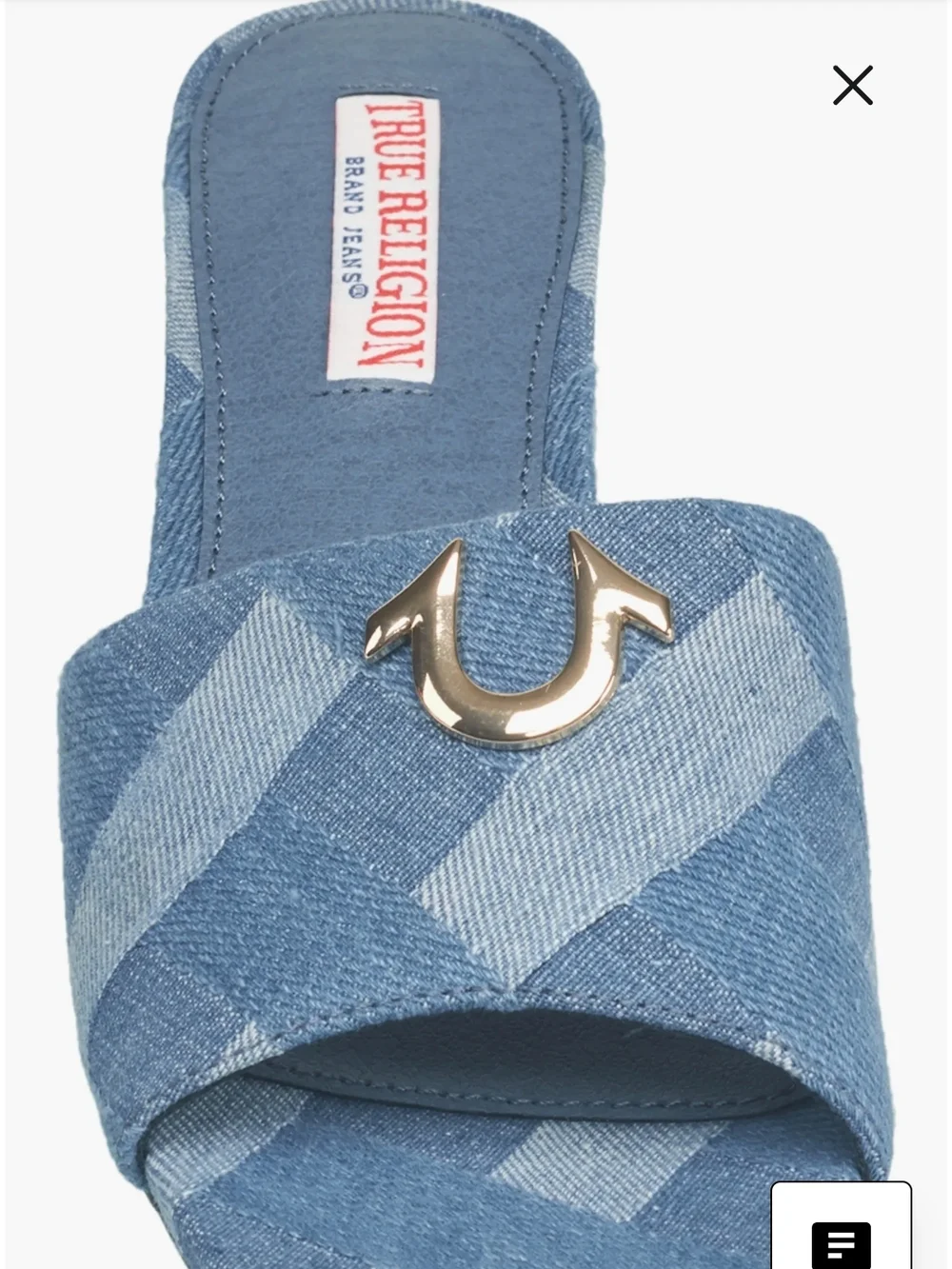 True Religion Blue Denim Single Strap Logo Block-Print Sandal Heels Size 9